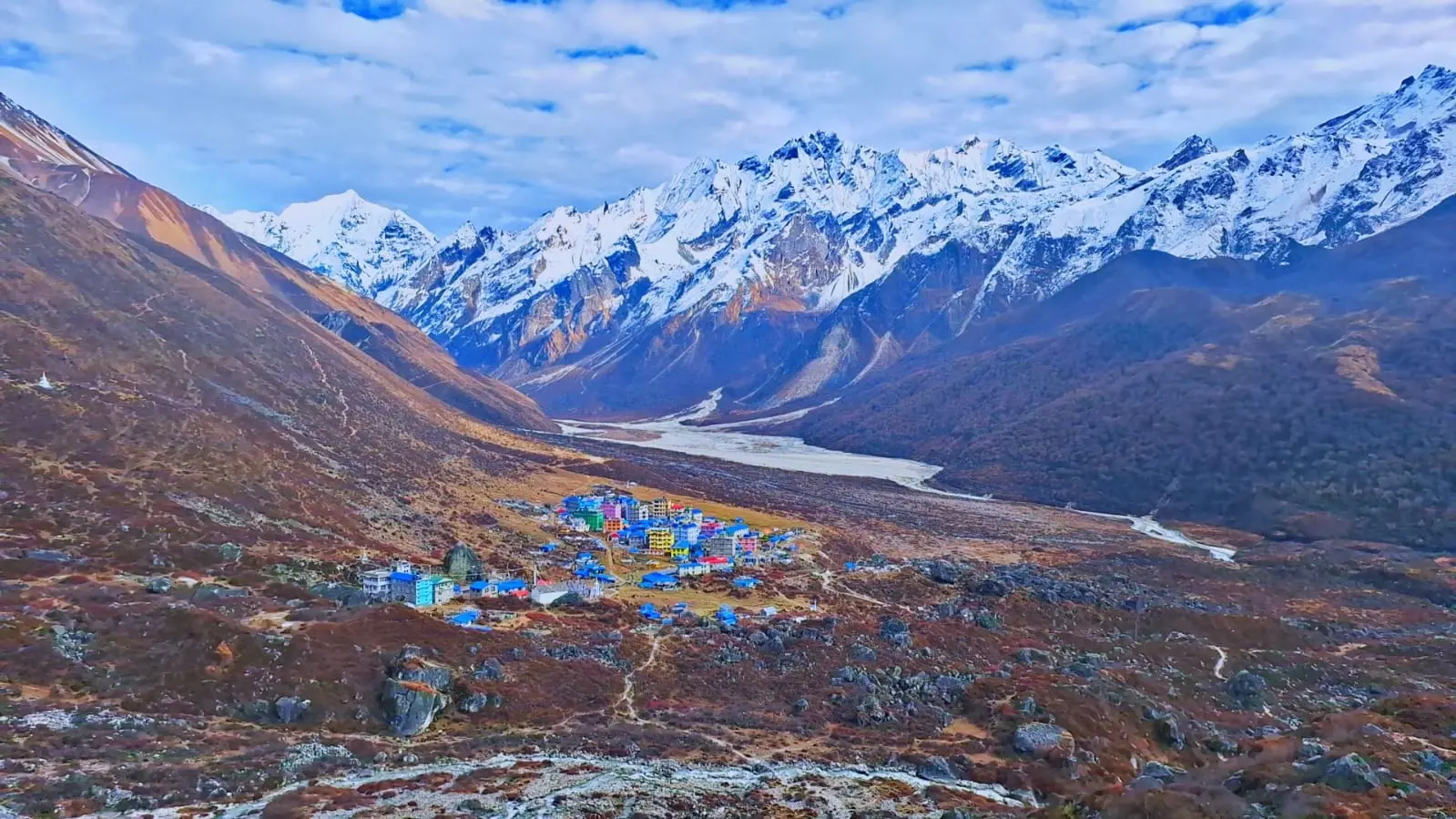 Colourful village of Kyanjin Gompa nestled in the Langtang Valley